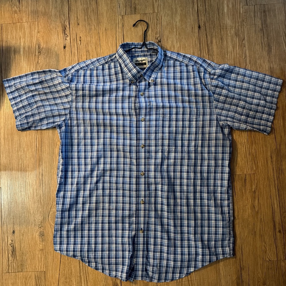 Wrangler Riata Distressed Button Up Short Sleeve Size Men's XL Cotton Blue Plaid